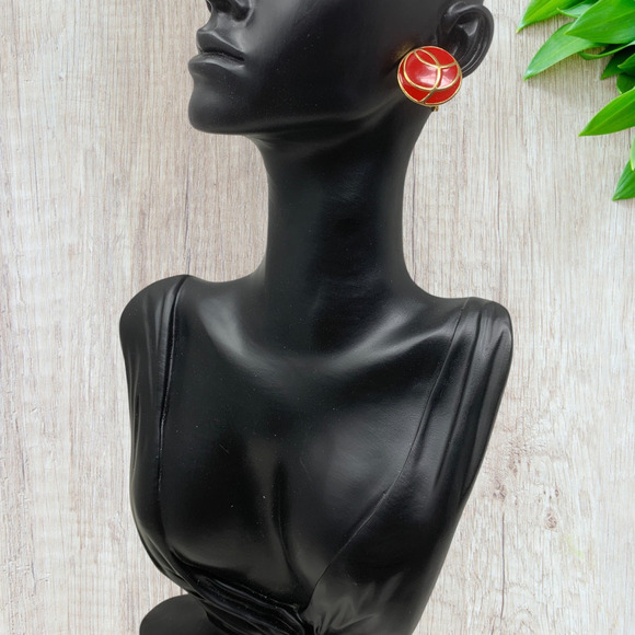 Vintage 1980's Monet Modernist Earrings Pierced Gold Tone Red Enamel New Wave - Picture 4 of 6